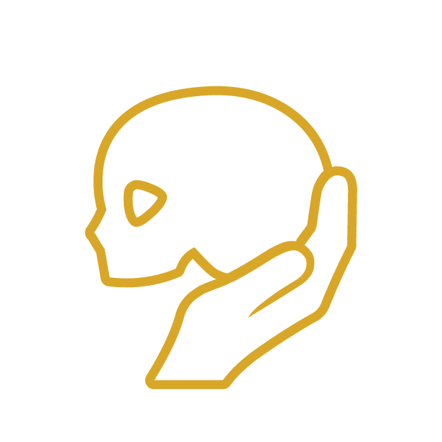 A vector line drawing of a hand holding a skull. 