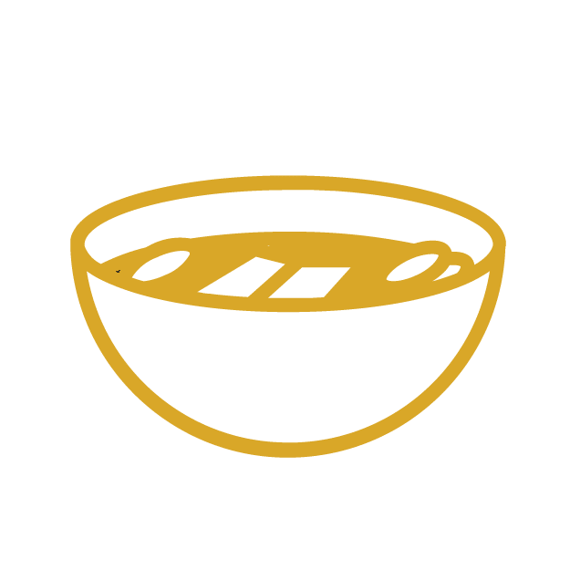 A vector line drawing of a bowl of soup. 