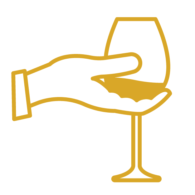 A vector line drawing of a hand holding a glass of wine. 