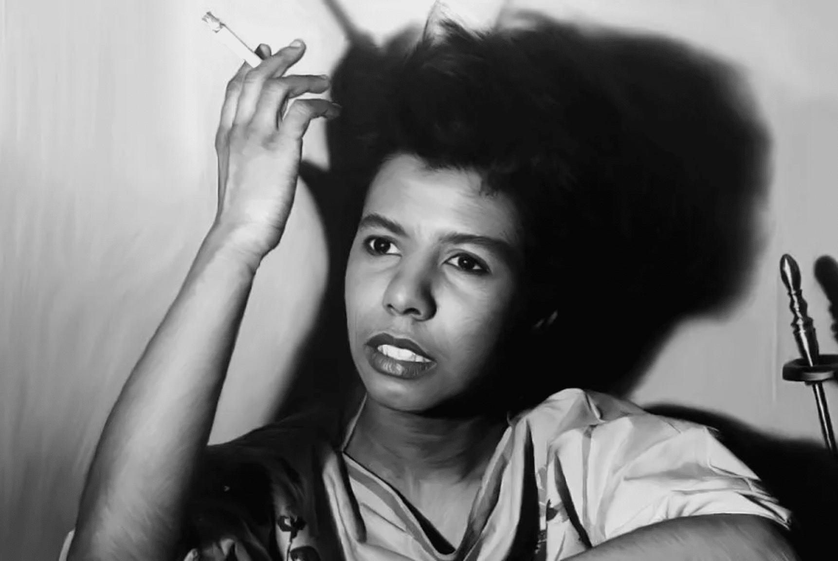 A black-and-white photograph of Lorraine Hansberry